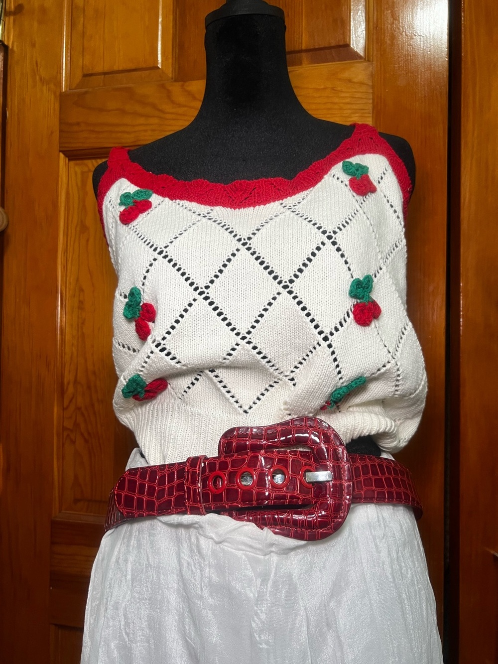 Sugarlips White Knit Cherry Appliqué Tank Top with Red Trim